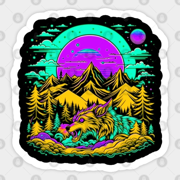 Psychedelic Mountains of Werewolf Monster Sticker by vystudio